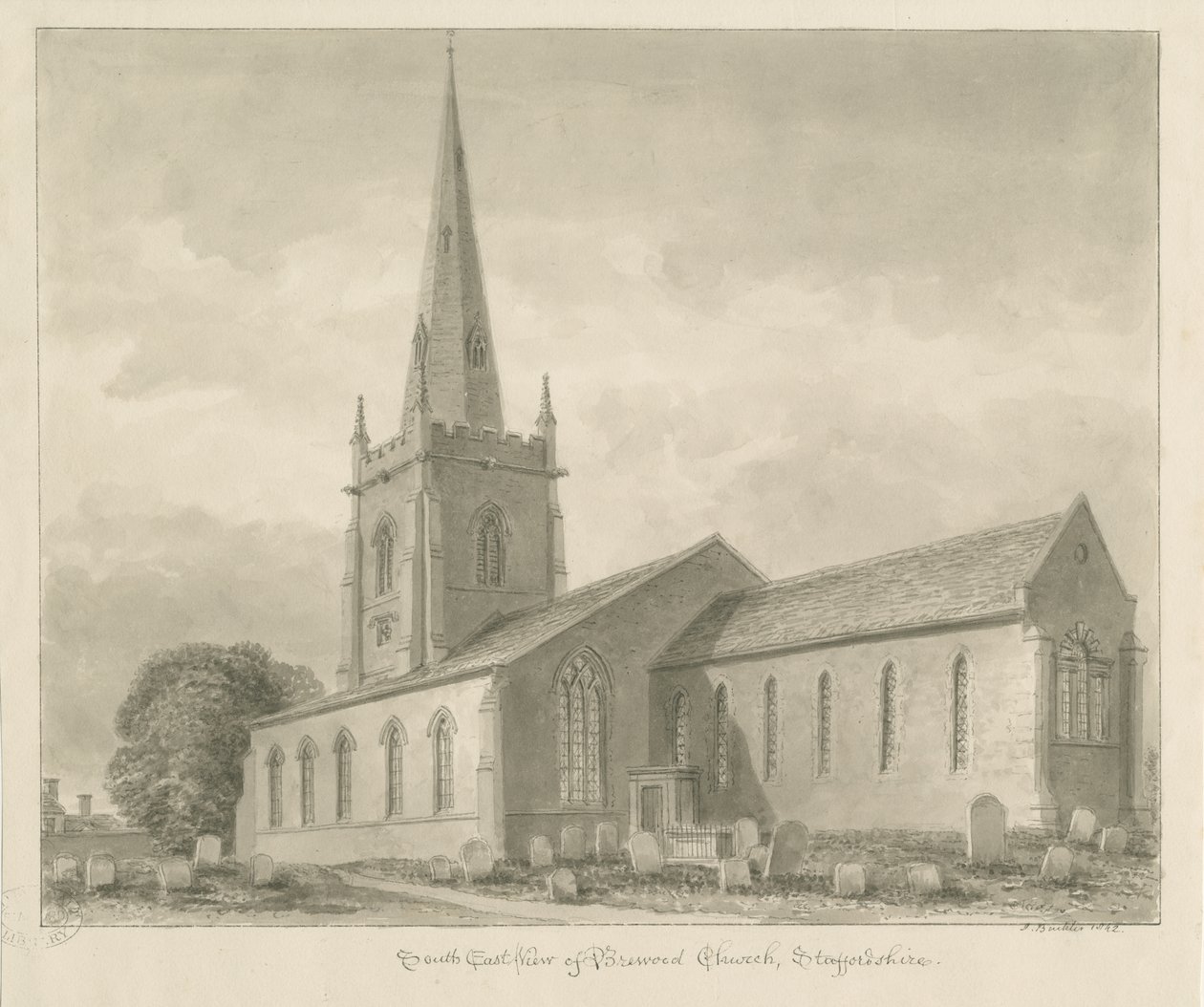 Brewood templom: szépia rajz alkotó: John Buckler