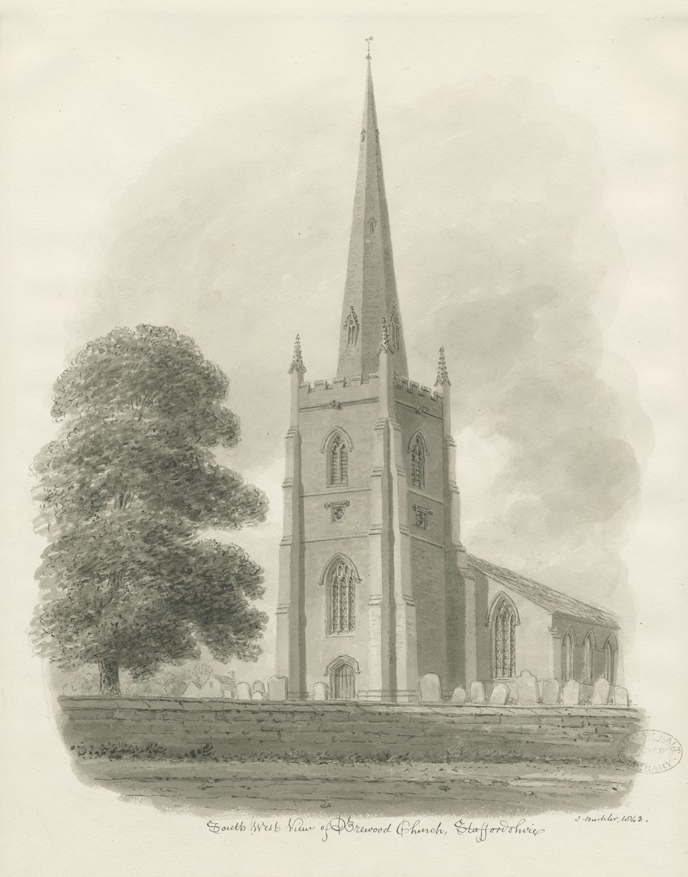 Brewood templom: szépia rajz, 1843 alkotó: John Buckler