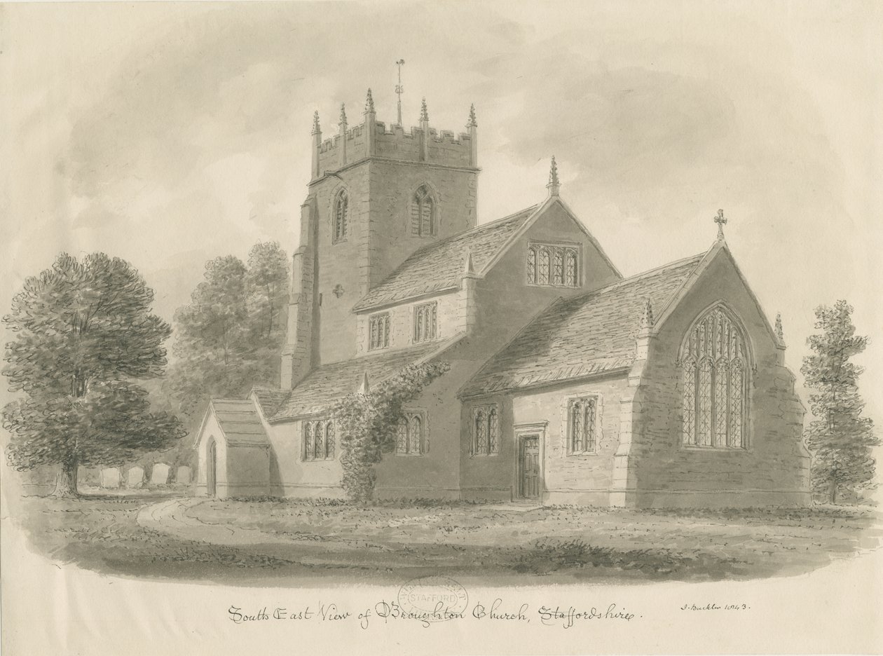 Broughton Church: szépia rajz, 1843 alkotó: John Buckler