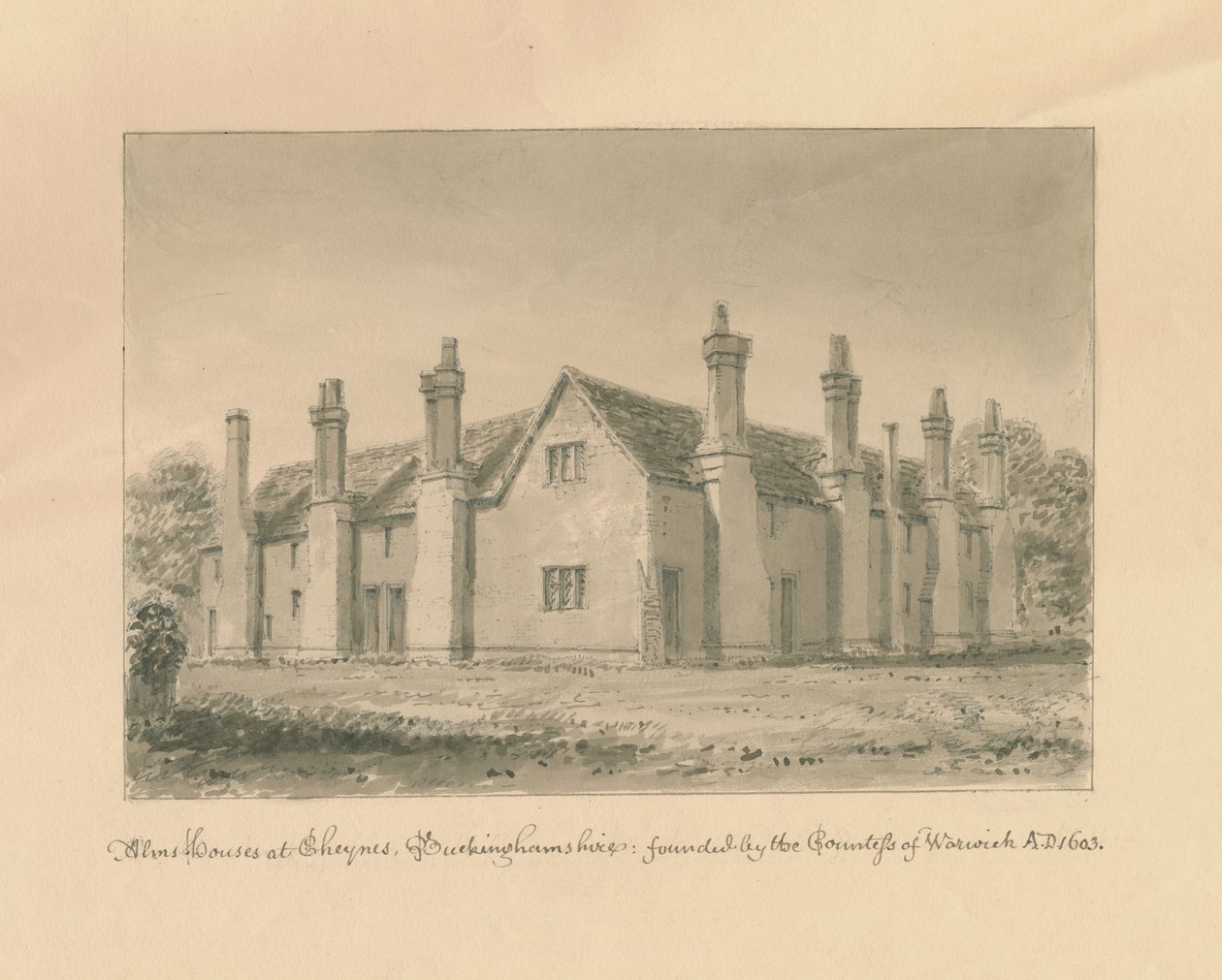 Buckinghamshire – Chenies Hall – Alamizsnaházak: szépia rajz, 1824 alkotó: John Buckler