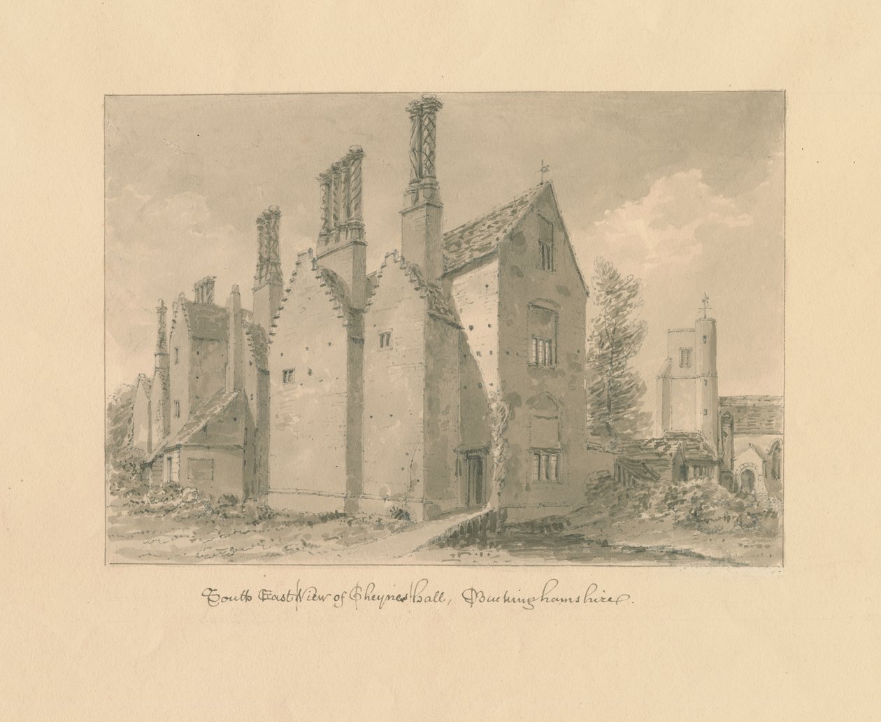 Buckinghamshire - Chenies Hall: szépia rajz alkotó: John Buckler