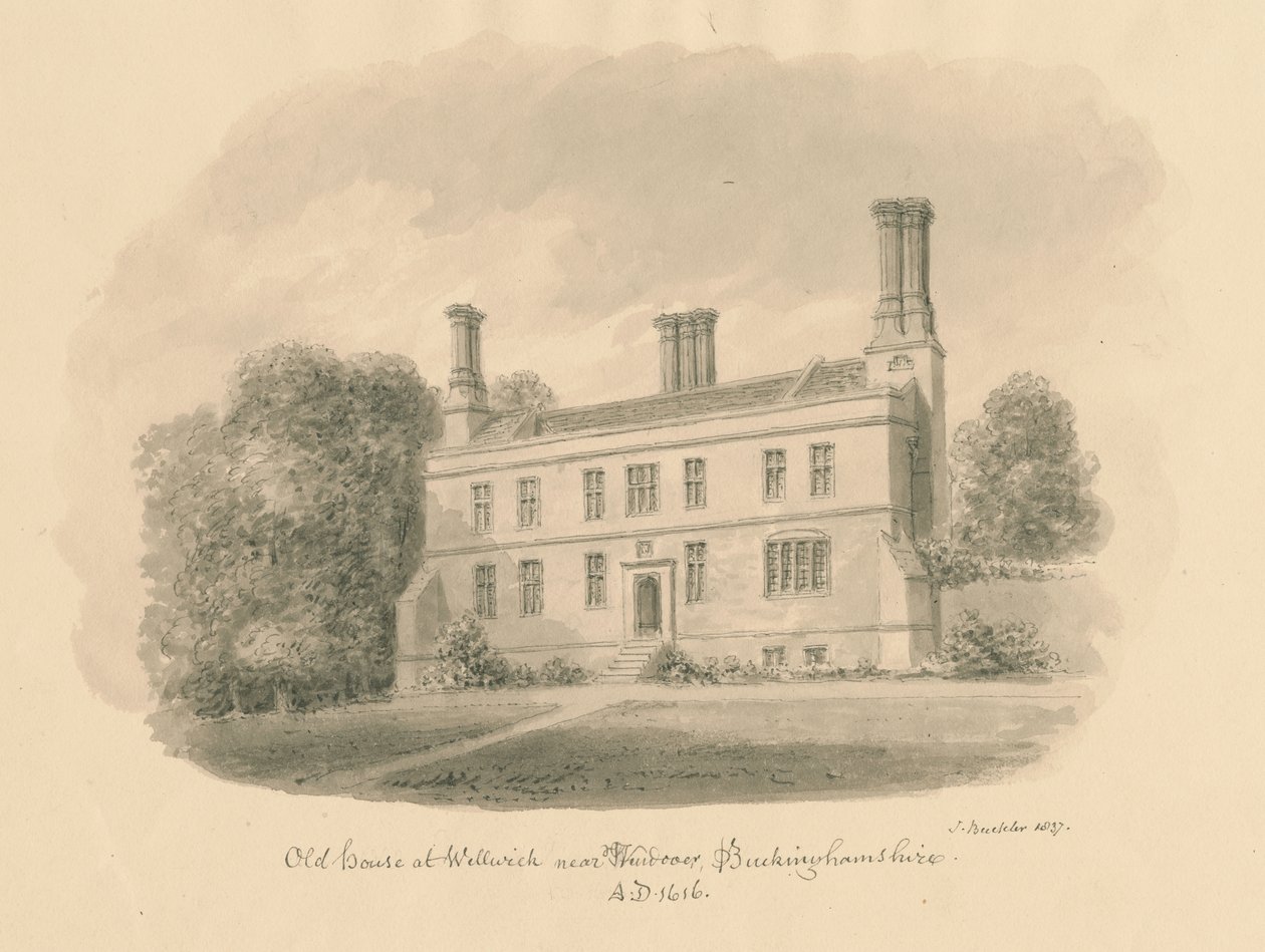 Buckinghamshire - Wellwick - Old House: szépia rajz matricával, 1837 alkotó: John Buckler