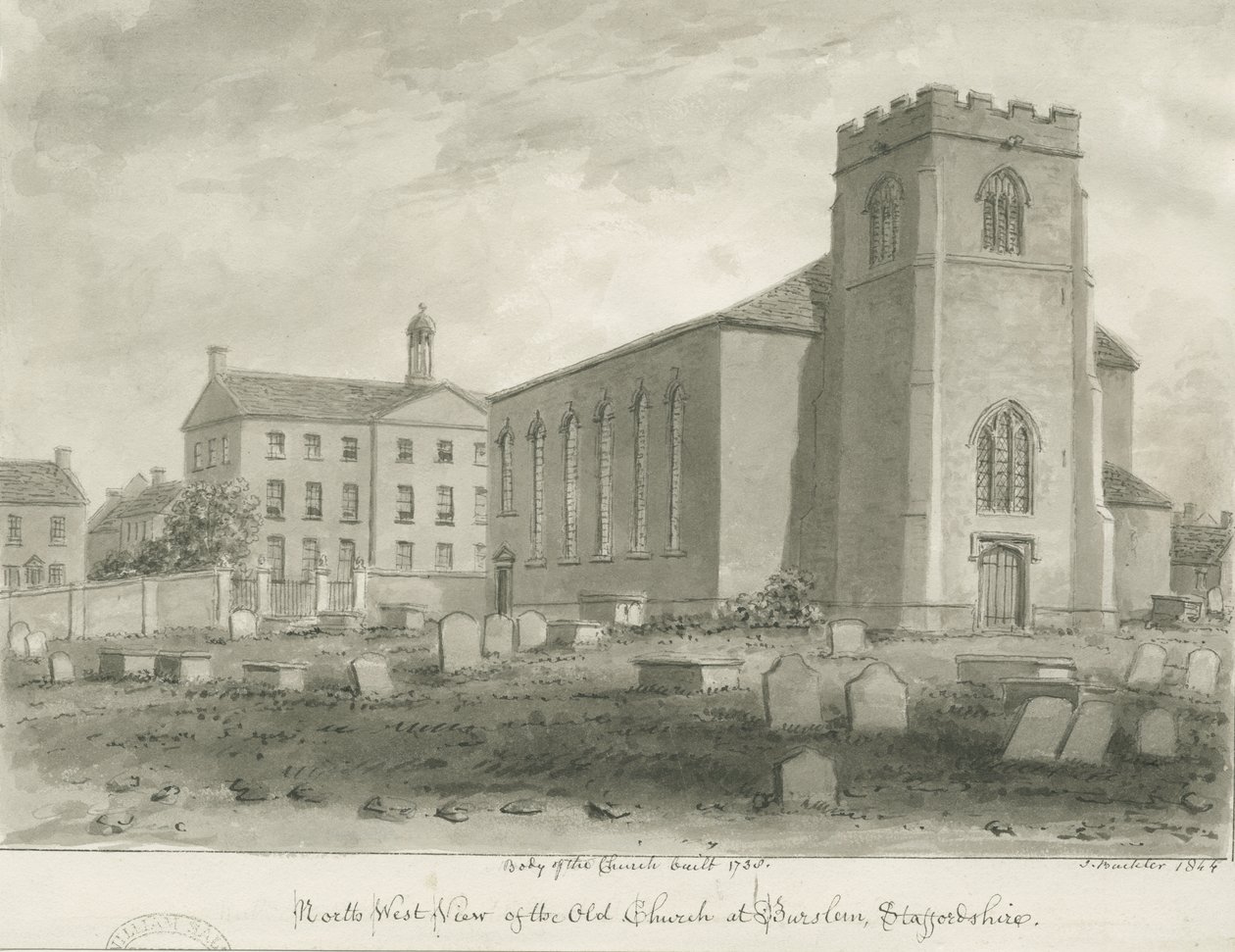 Burslem - Szent János templom: szépia rajz alkotó: John Buckler