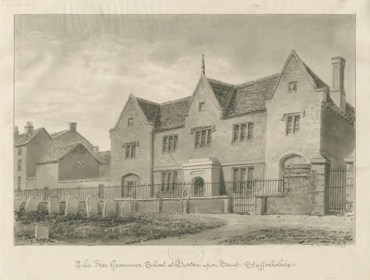 Burton-upon-Trent - Gimnázium: szépia rajz alkotó: John Buckler