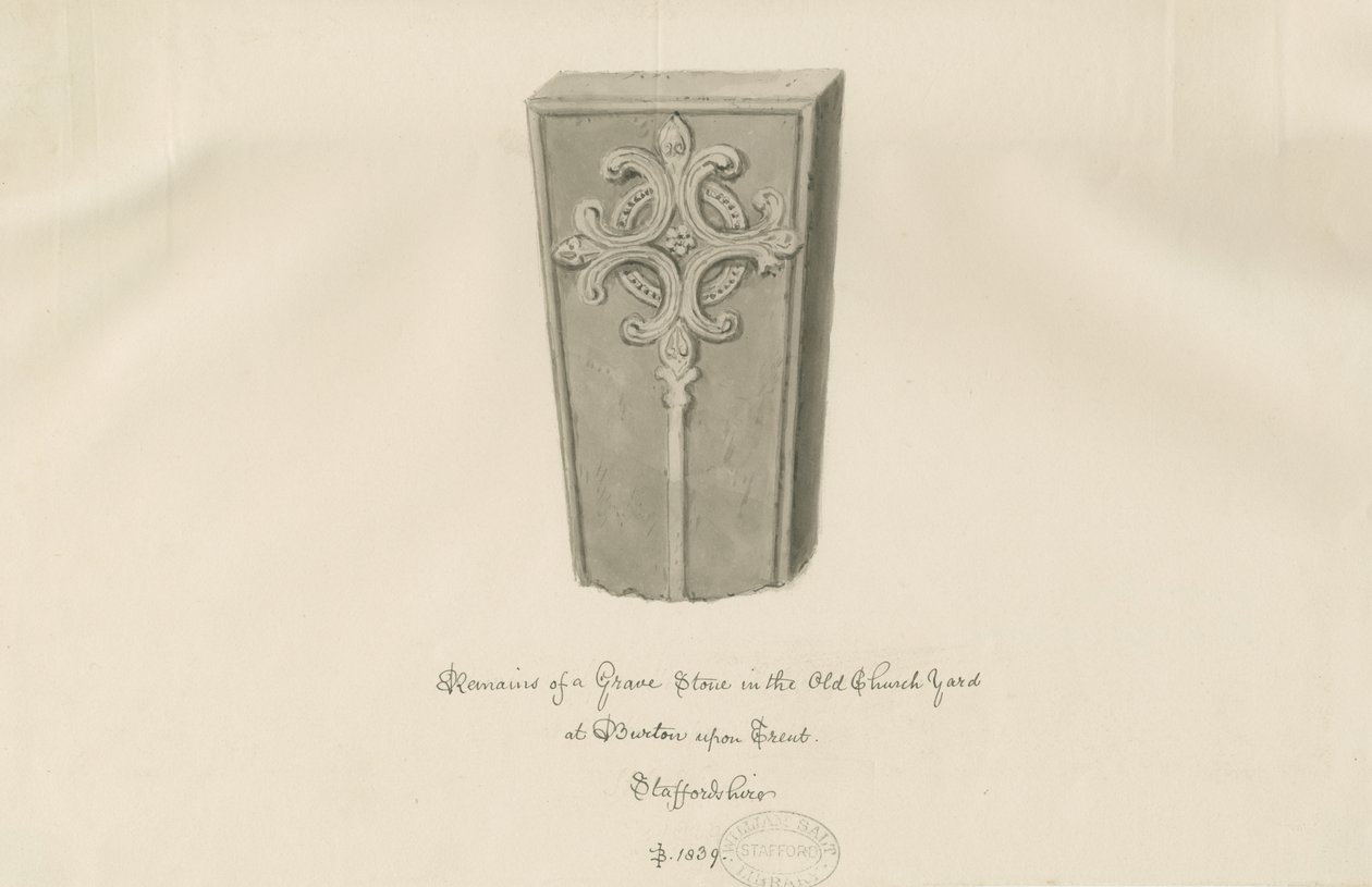 Burton-upon-Trent – Sírkő a „régi” templomkertben: szépia rajz alkotó: John Buckler