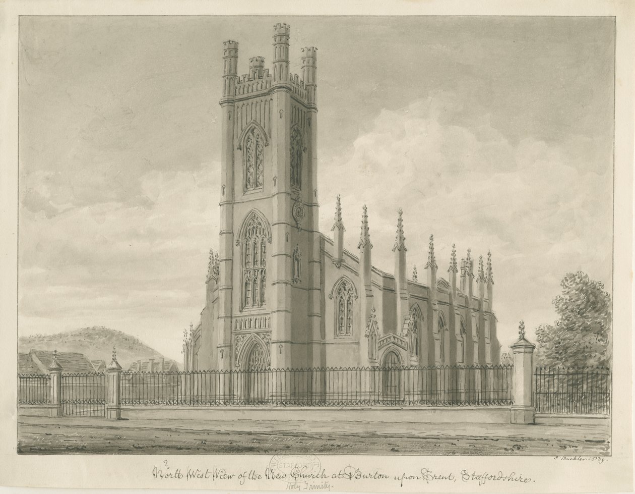 Burton-upon-Trent – Szentháromság-templom: szépia rajz, 1839 alkotó: John Buckler