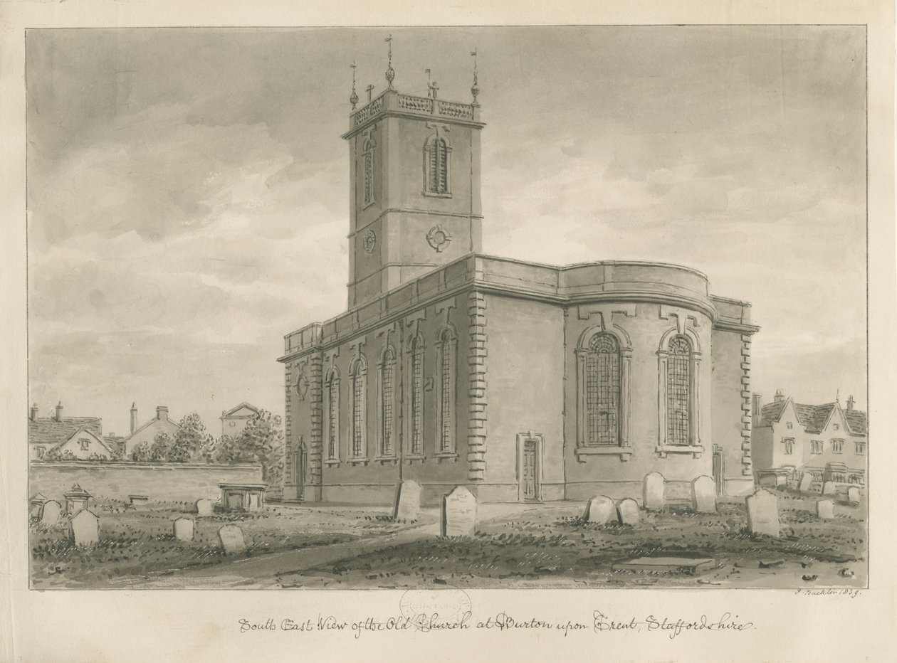 Burton-upon-Trent - Régi templom: szépia rajz alkotó: John Buckler