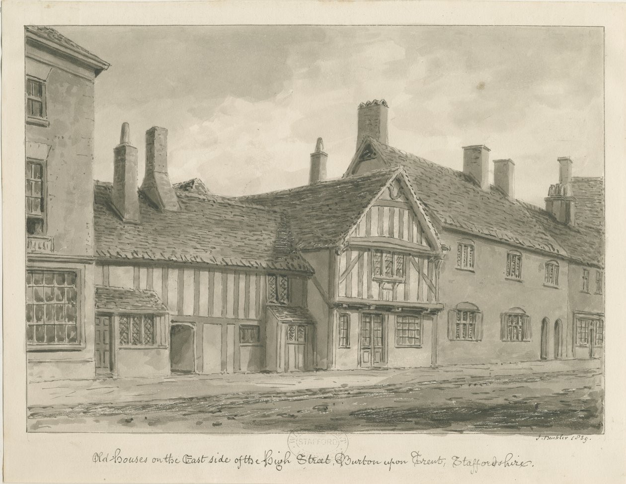 Burton-upon-Trent – Régi házak a High Streeten: szépia rajz alkotó: John Buckler