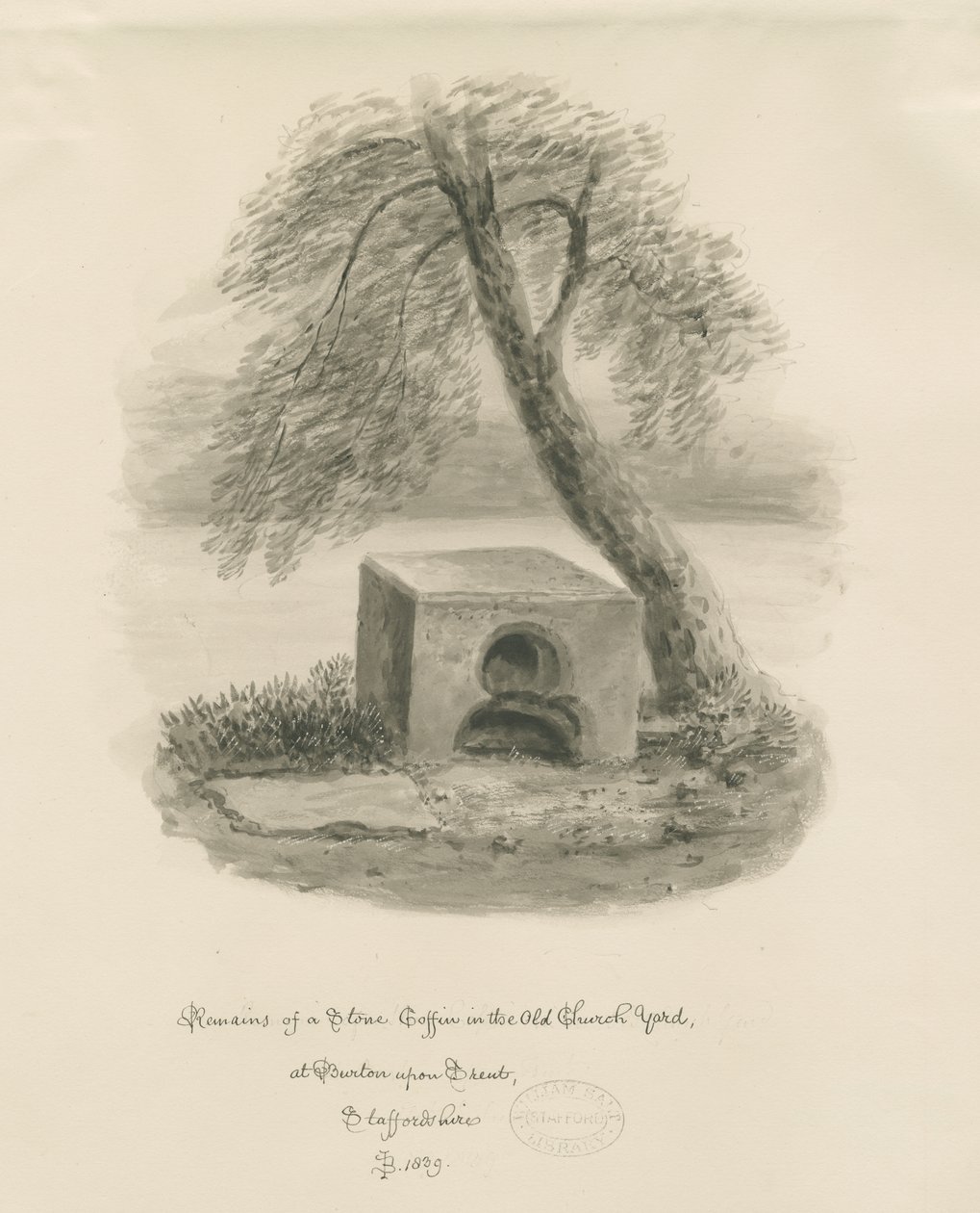 Burton-upon-Trent - Kőkoporsó a régi templomkertben: szépia rajz alkotó: John Buckler