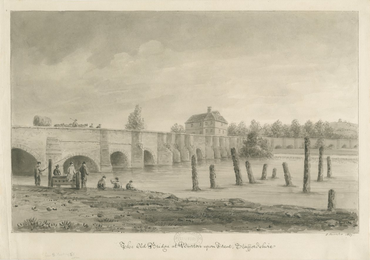 Burton-upon-Trent híd és város: szépia rajz, 1839 alkotó: John Buckler