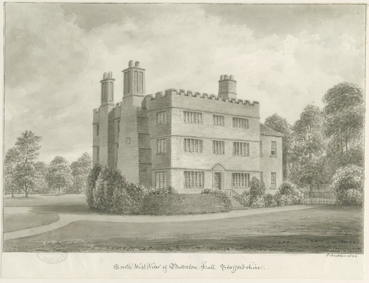 Butterton Hall: szépia rajz, 1844 alkotó: John Buckler