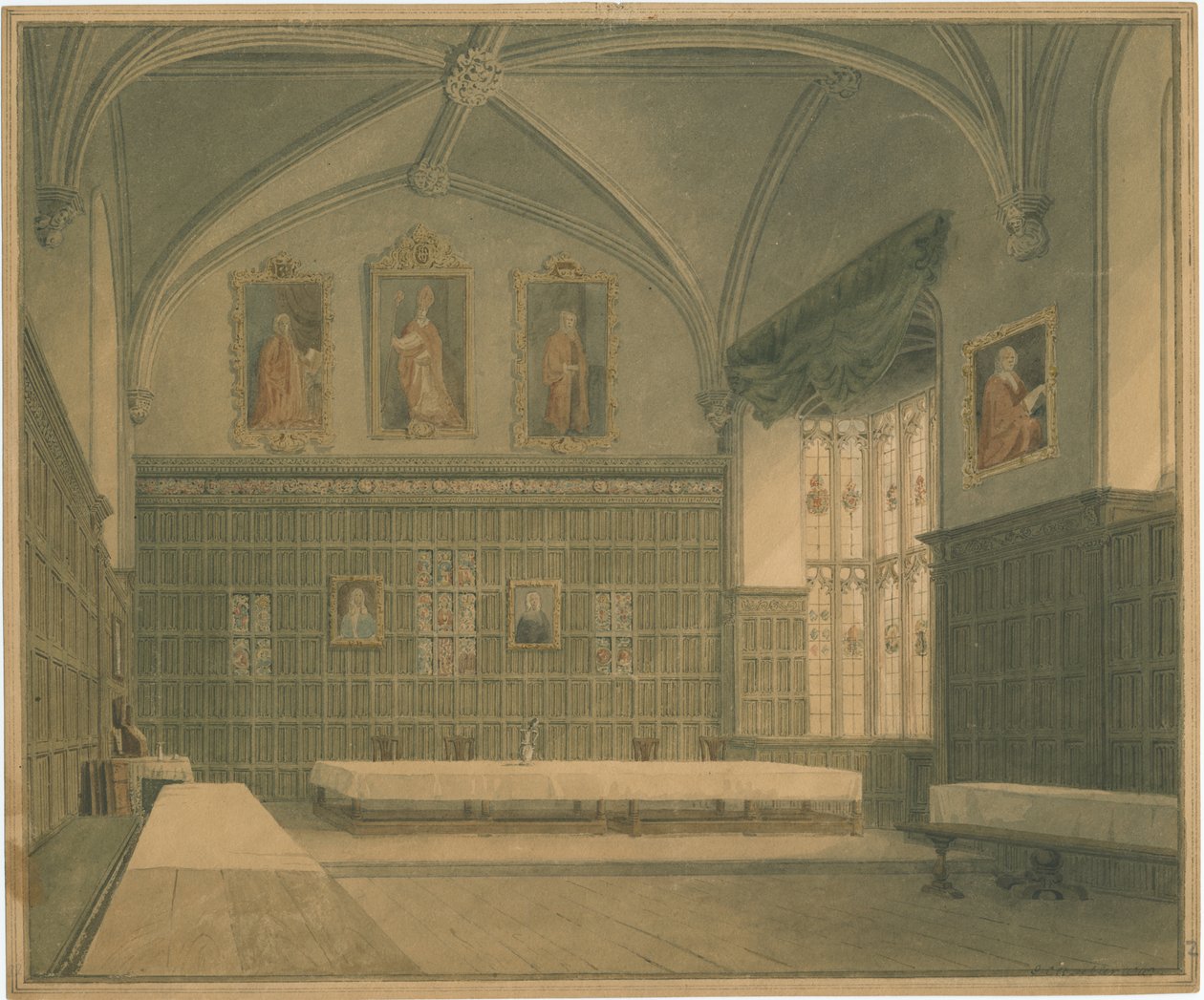 Cambridgeshire – Hall in [?Jesus] College – Belső nézet, 1818 alkotó: John Buckler