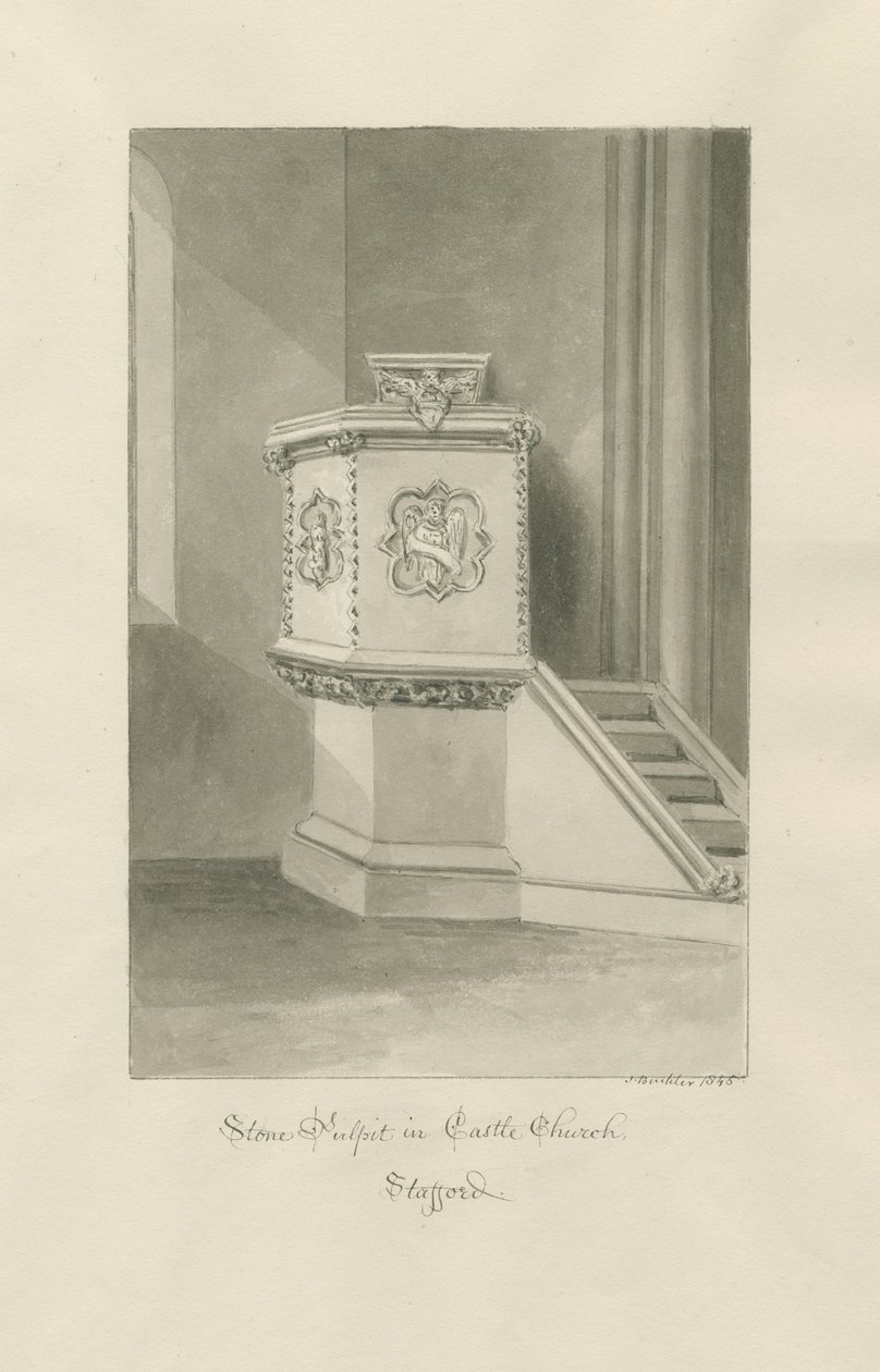 Vártemplom - Kő szószék a templomban: szépia rajz alkotó: John Buckler