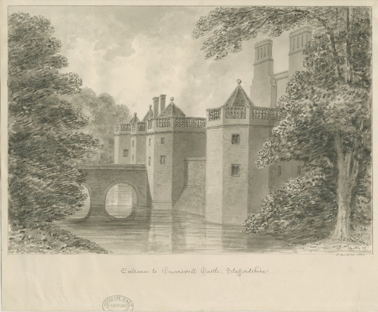 Caverswall kastély: szépia rajz, 1840 alkotó: John Buckler