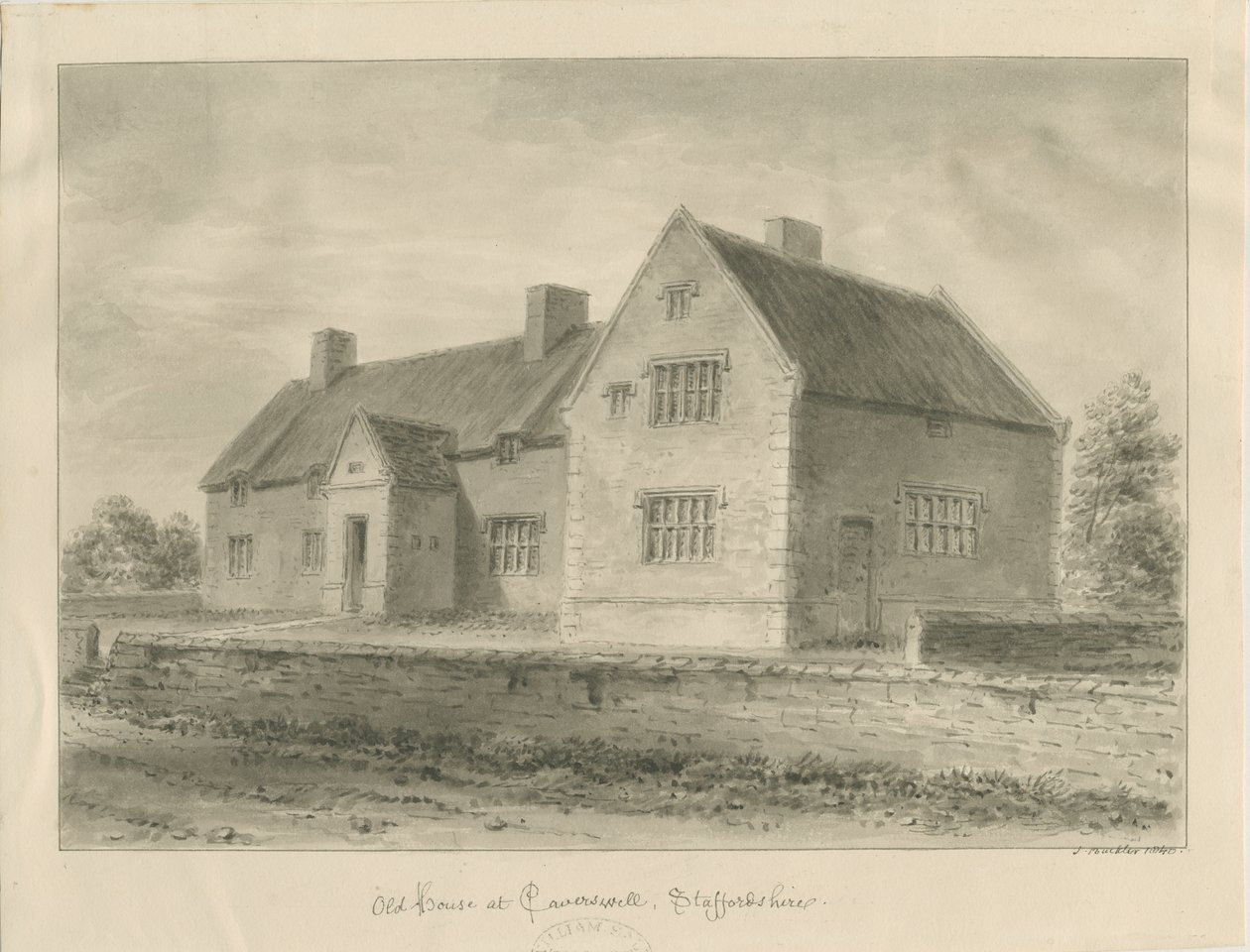 Caverswall Village - Régi házak: szépia rajz alkotó: John Buckler