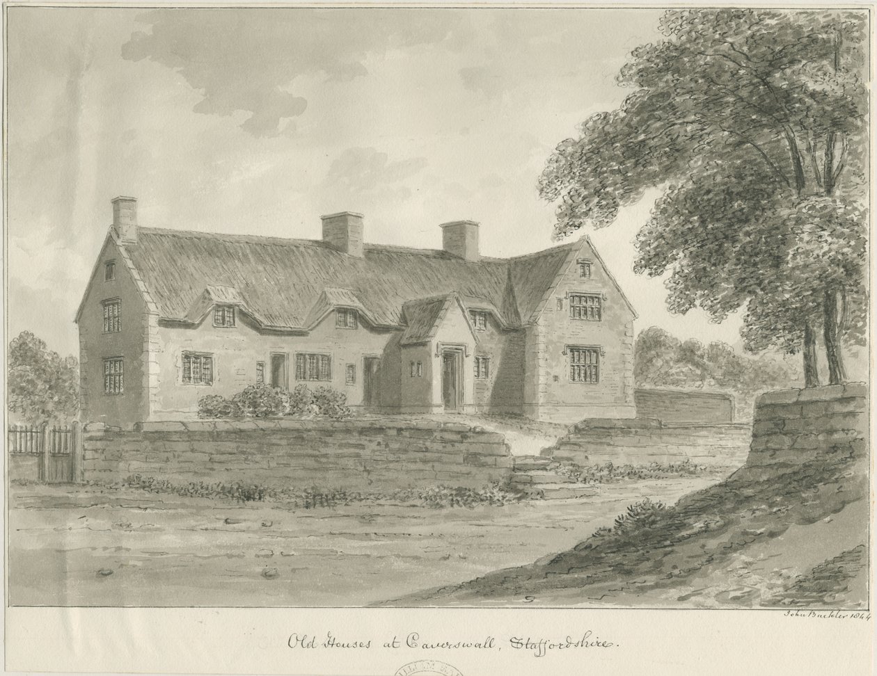 Caverswall Village – Régi házak: szépia rajz, 1840 alkotó: John Buckler