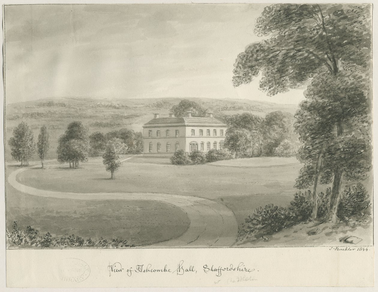 Cheddleton – Ashcombe Hall: szépia rajz, 1844 alkotó: John Buckler
