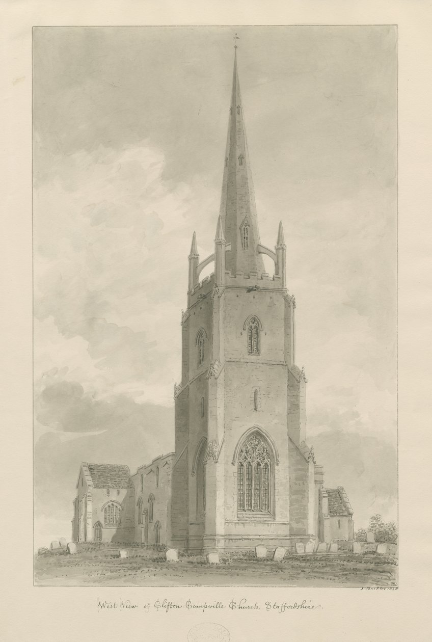 Clifton Campville templom: szépia rajz, 1838 alkotó: John Buckler