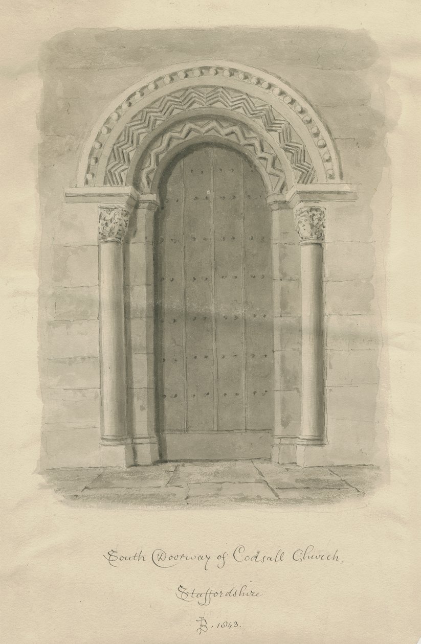 Codsall templom - Déli ajtó: szépia rajz alkotó: John Buckler