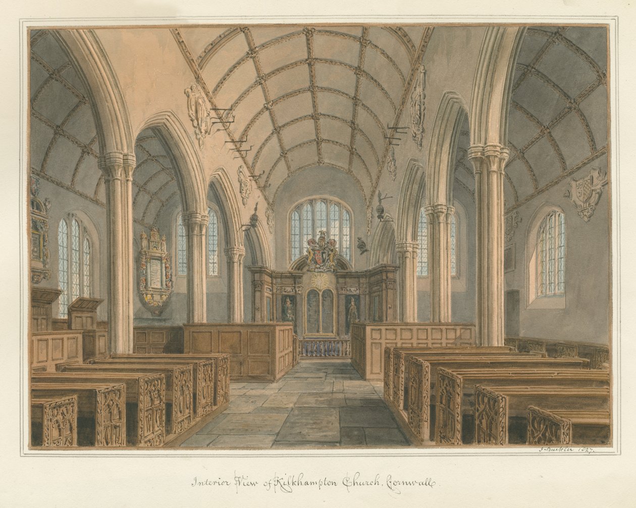 Cornwall – Kilkhampton templom – Belső nézet, 1827 alkotó: John Buckler