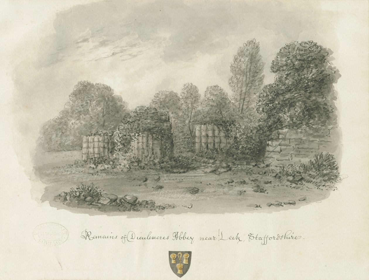 Dieulacres Abbey: szépia mosás rajza, 1847 alkotó: John Buckler