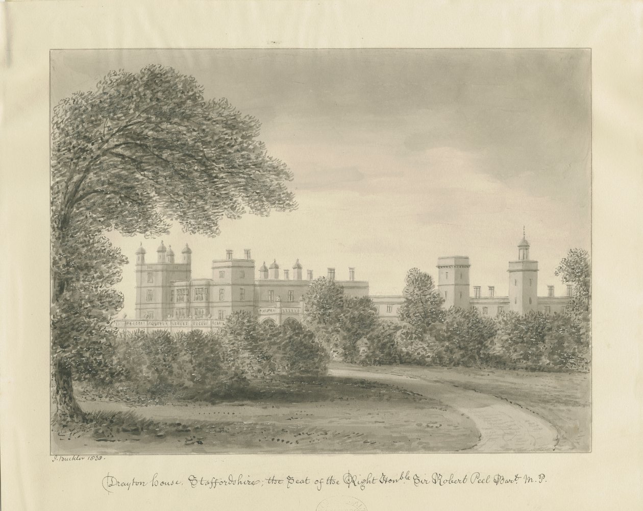 Drayton Bassett - "Drayton Manor": szépia rajz, 1838 alkotó: John Buckler