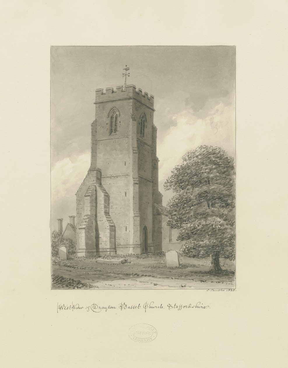 Drayton Bassett Church: szépia rajz, 1838 alkotó: John Buckler