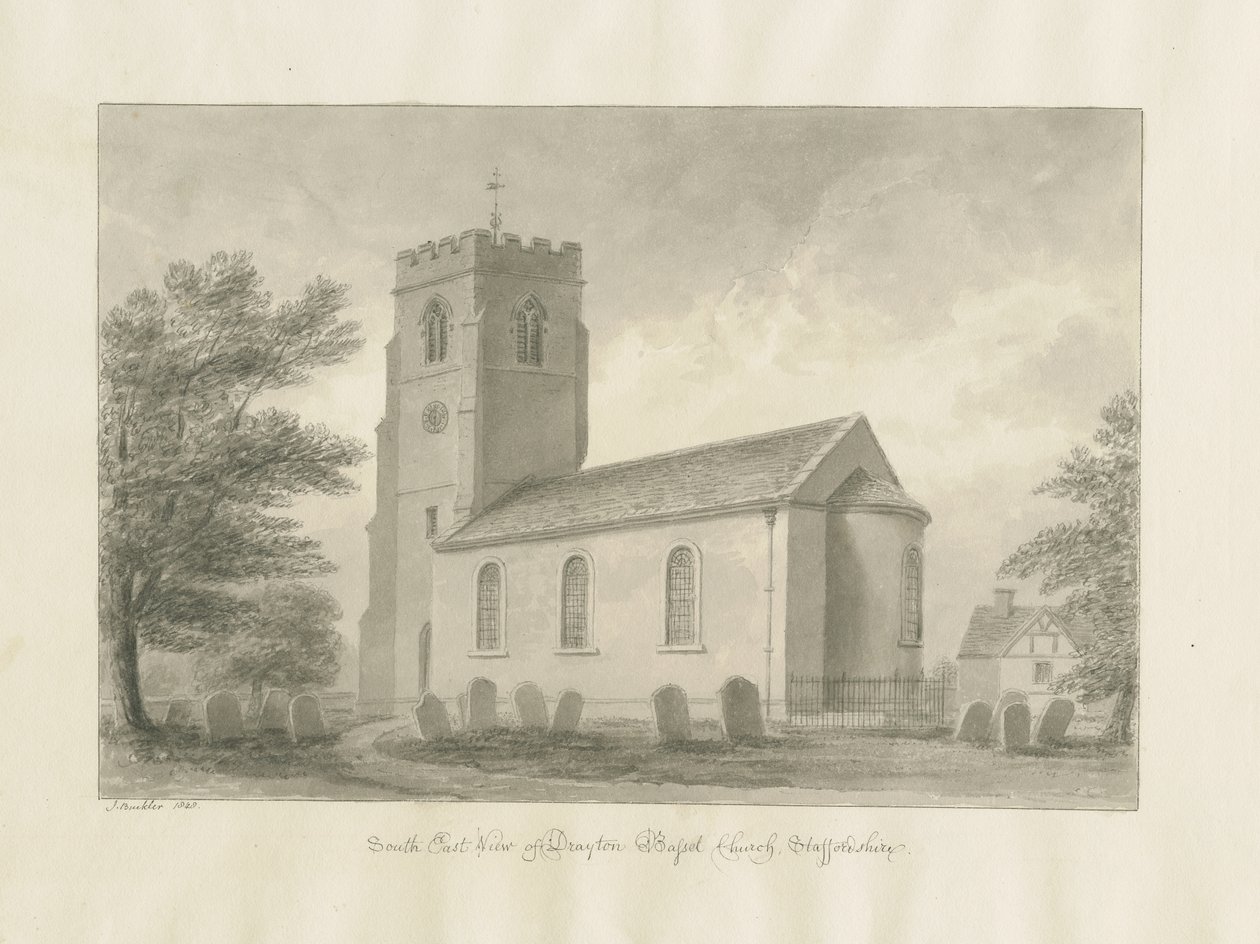 Drayton Bassett Church: szépia rajz, 1848 alkotó: John Buckler