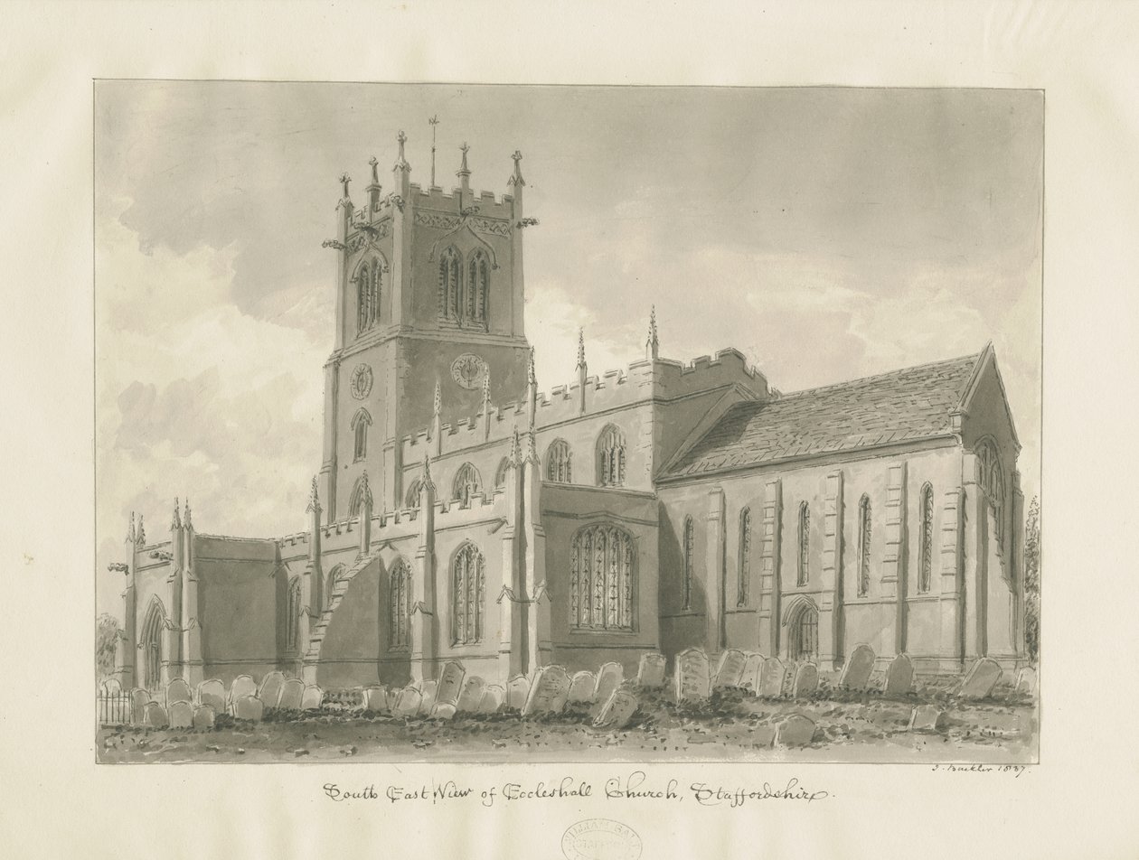 Eccleshall templom: szépia rajz alkotó: John Buckler