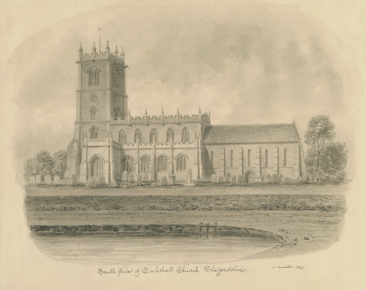 Eccleshall templom: szépia rajz alkotó: John Buckler