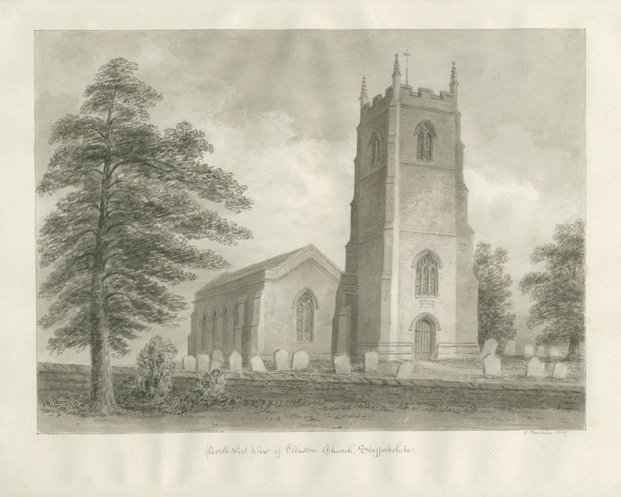 Ellastone templom: szépia rajz, 1847 alkotó: John Buckler