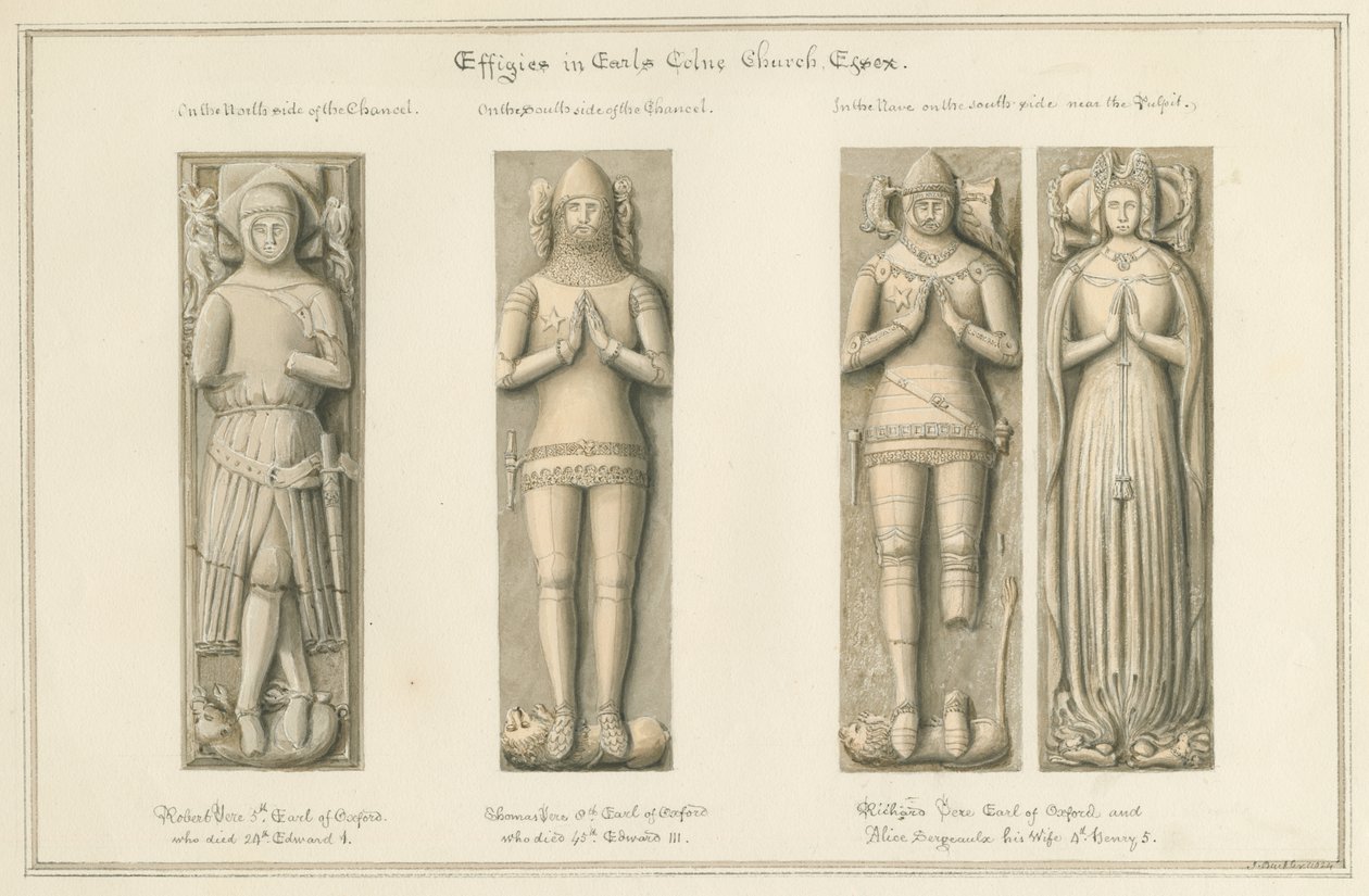 Essex - Earls Colne templom - Effigies: szépia rajz, 1824 alkotó: John Buckler
