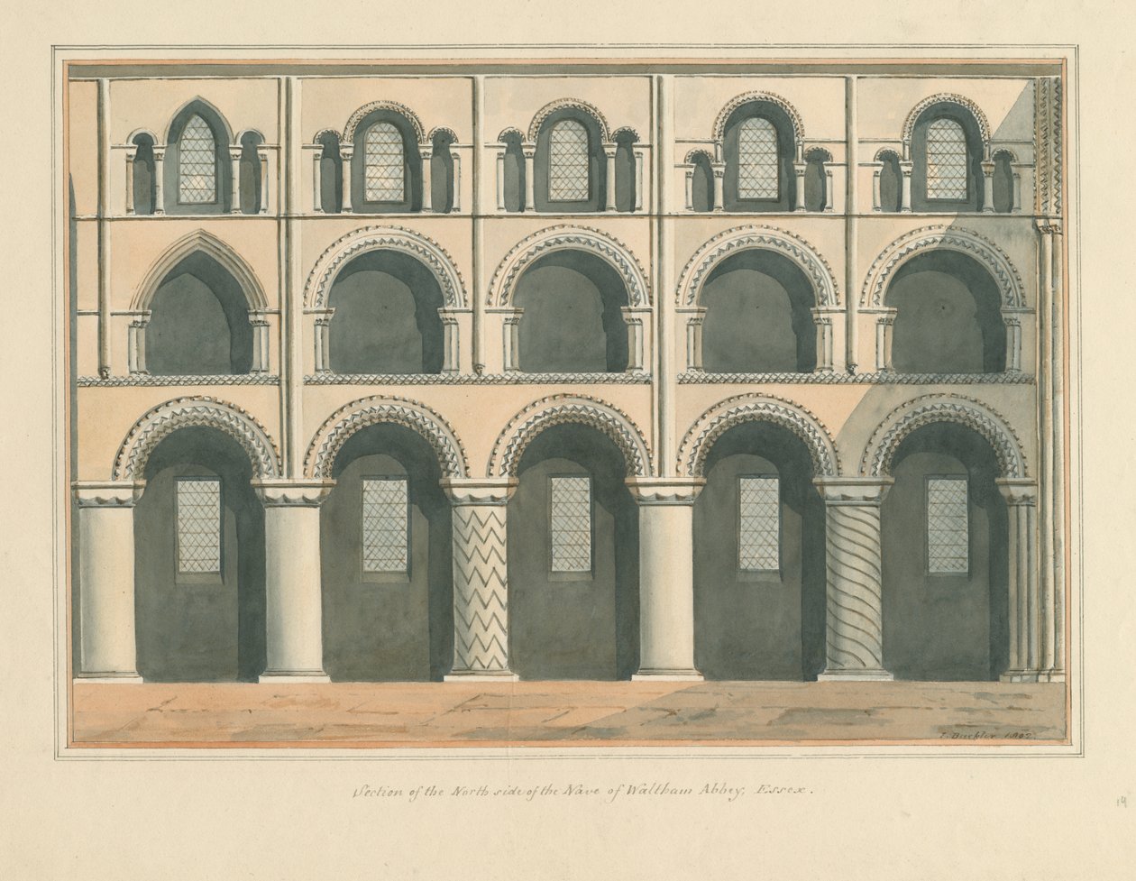 Essex – Waltham Abbey – a hajó északi oldalának szakasza alkotó: John Buckler