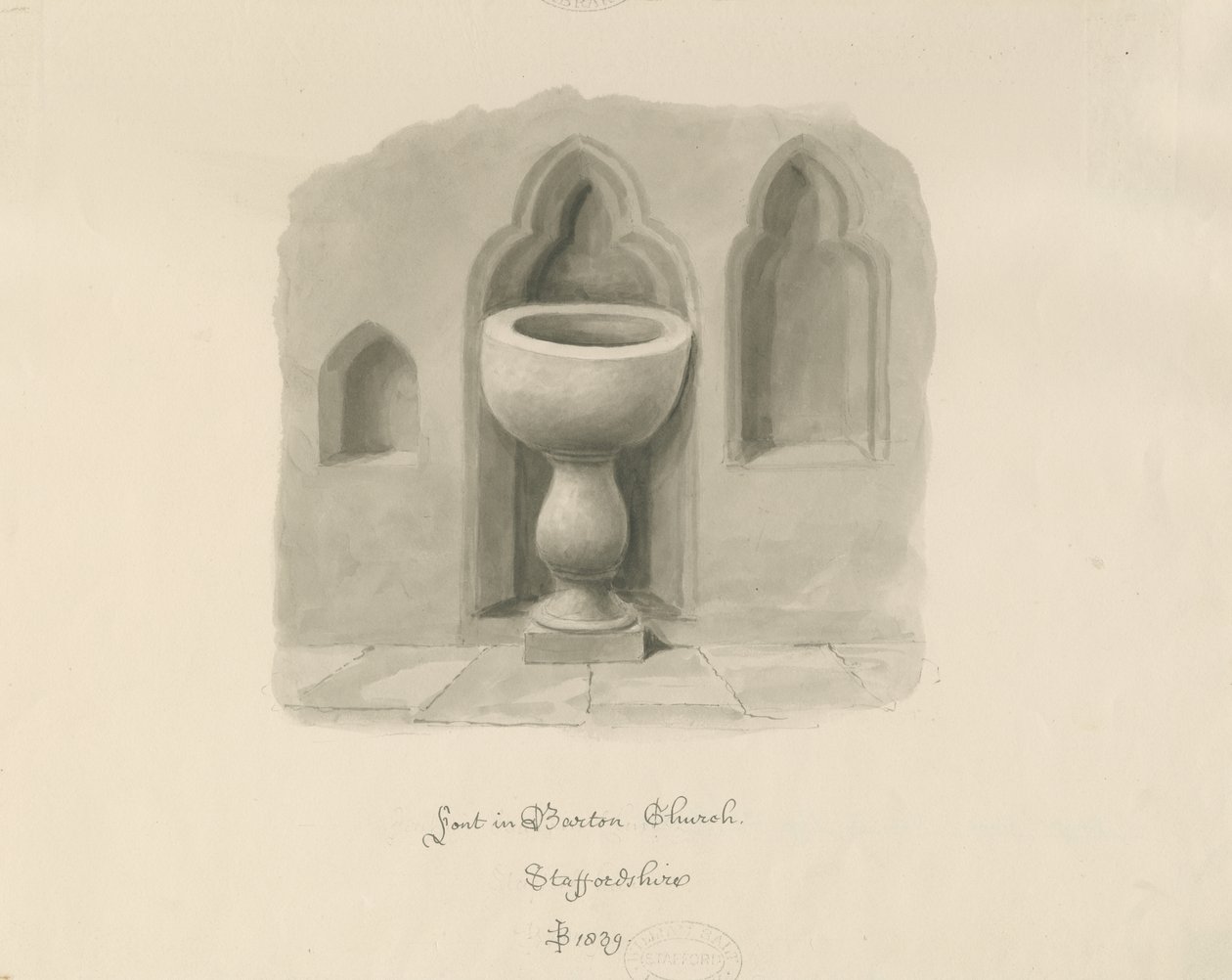 Betűtípus Bartonban a Needwood Church alatt: szépia rajz alkotó: John Buckler