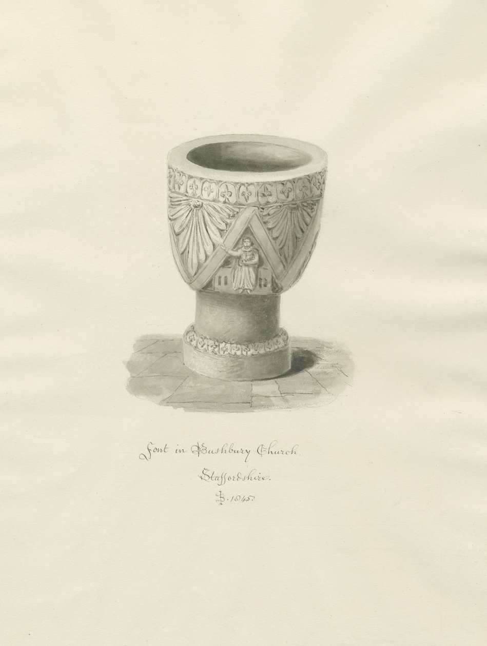 Betűtípus a Bushbury templomban: szépia rajz alkotó: John Buckler