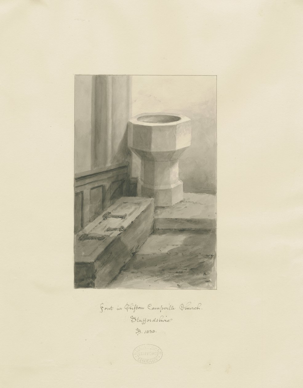 Betűtípus a Clifton Campville templomban: szépia rajz alkotó: John Buckler