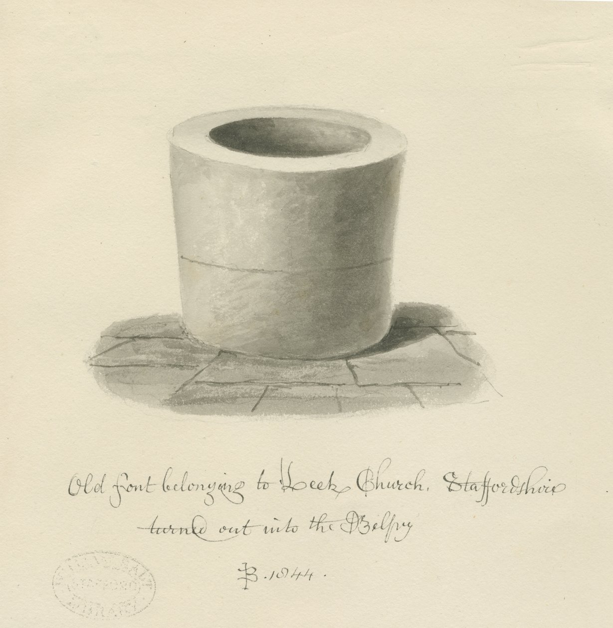 Font in Leek Church: szépia rajz alkotó: John Buckler
