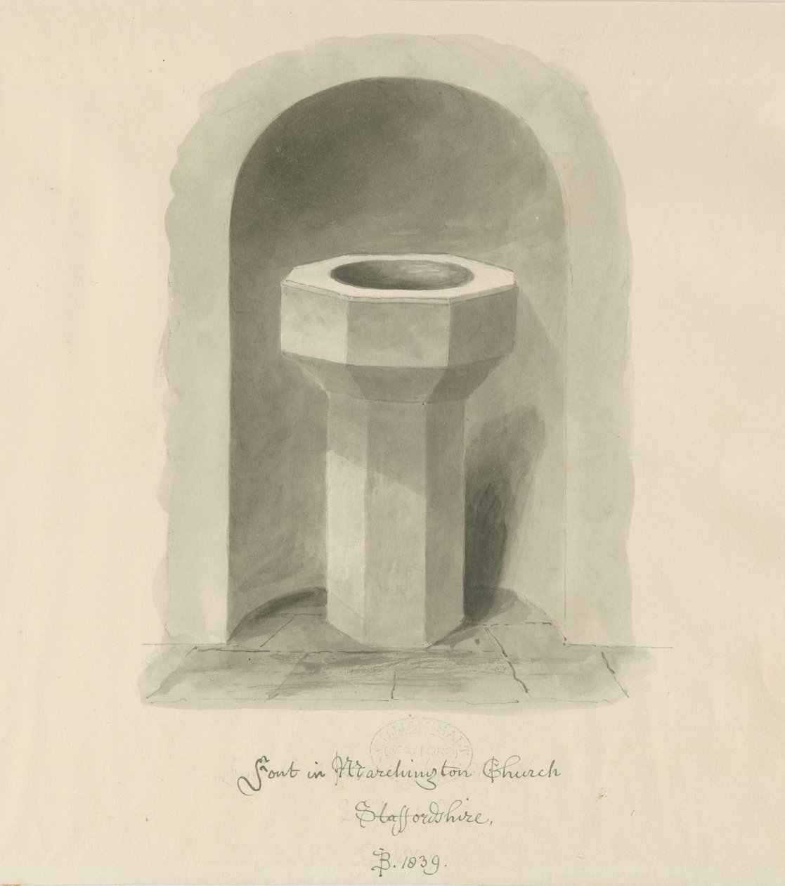 Betűtípus a Marchington Churchben: szépia mosás rajz alkotó: John Buckler