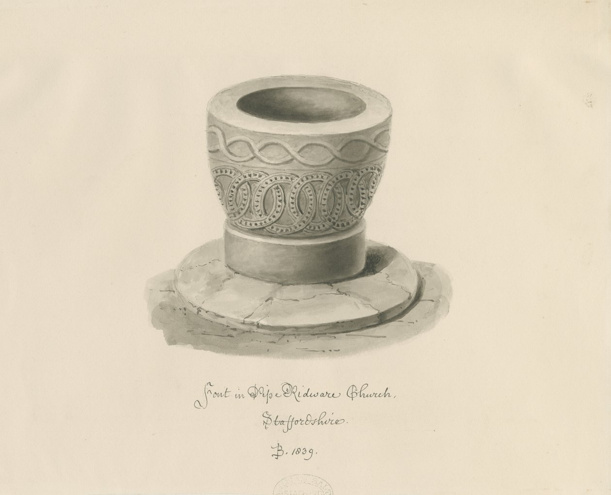 Betűtípus a Pipe Ridware templomban: szépia rajz alkotó: John Buckler