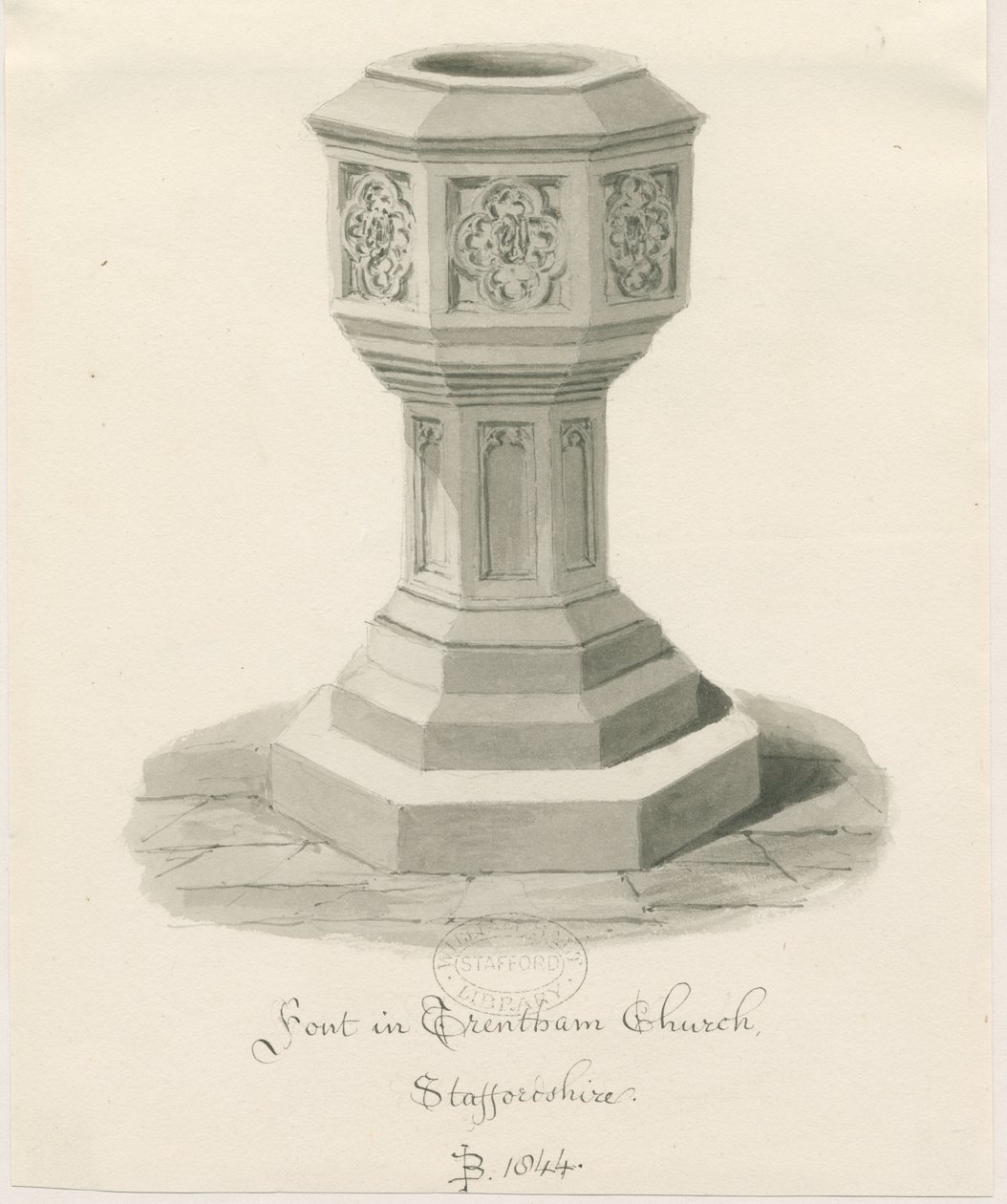 Betűtípus a Trentham Churchben: szépia rajz, 1844 alkotó: John Buckler