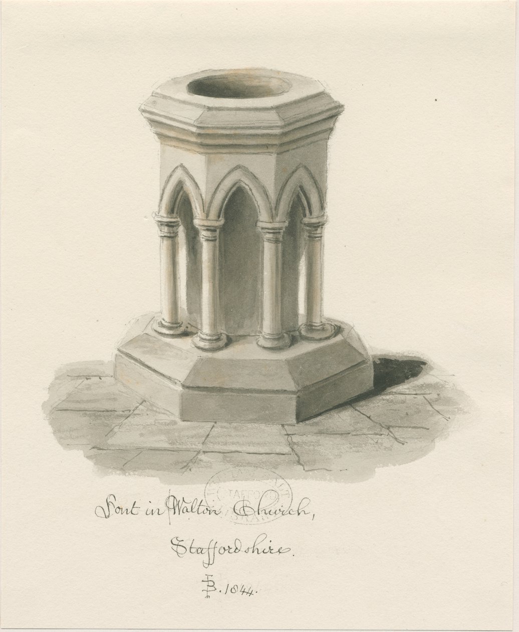 Betűtípus a Walton-on-the-Hill templomban: szépia mosás rajz alkotó: John Buckler