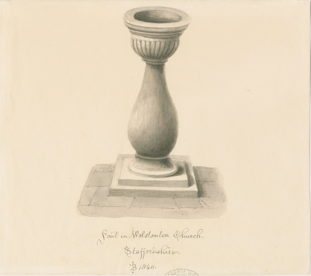 Betűtípus a Wolstanton templomban: szépia rajz alkotó: John Buckler