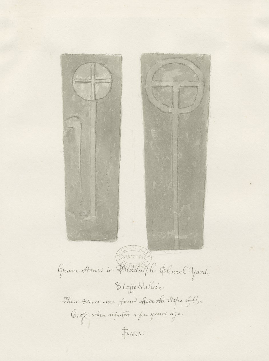 Sírkövek a Biddulph Churchyardban: szépia rajz alkotó: John Buckler