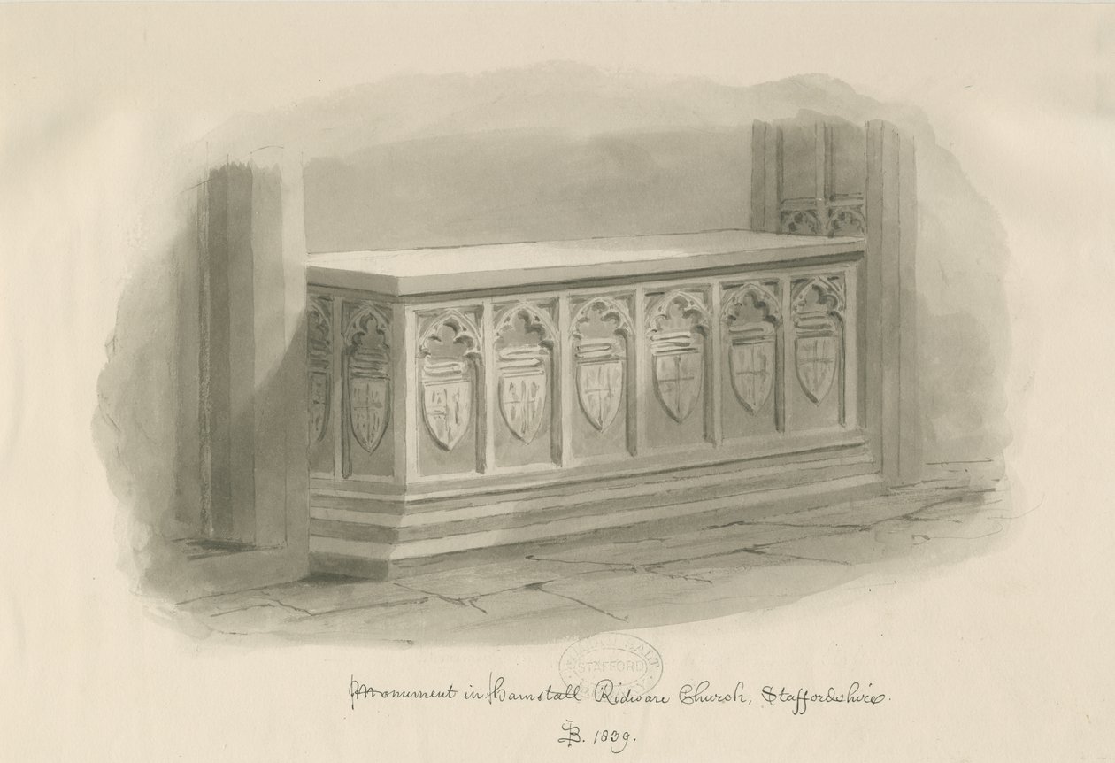 Hamstall Ridware templom - Emlékmű: szépia mosás rajz, 1839 alkotó: John Buckler
