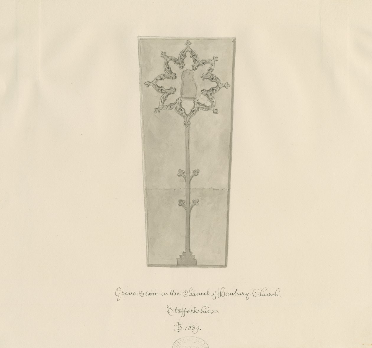 Hanbury templom - Sírkő: szépia rajz alkotó: John Buckler