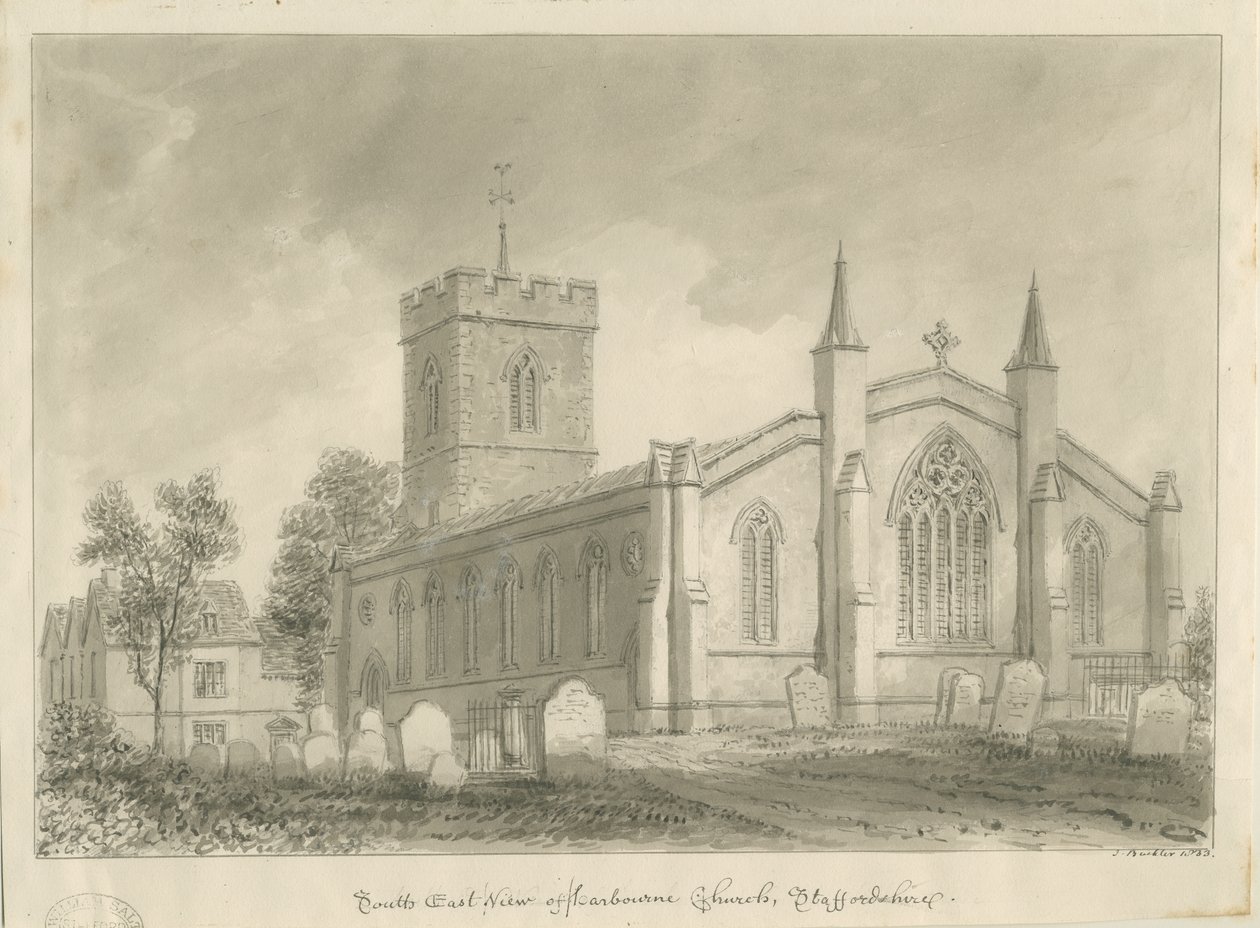 Harborne Church: szépia rajz alkotó: John Buckler