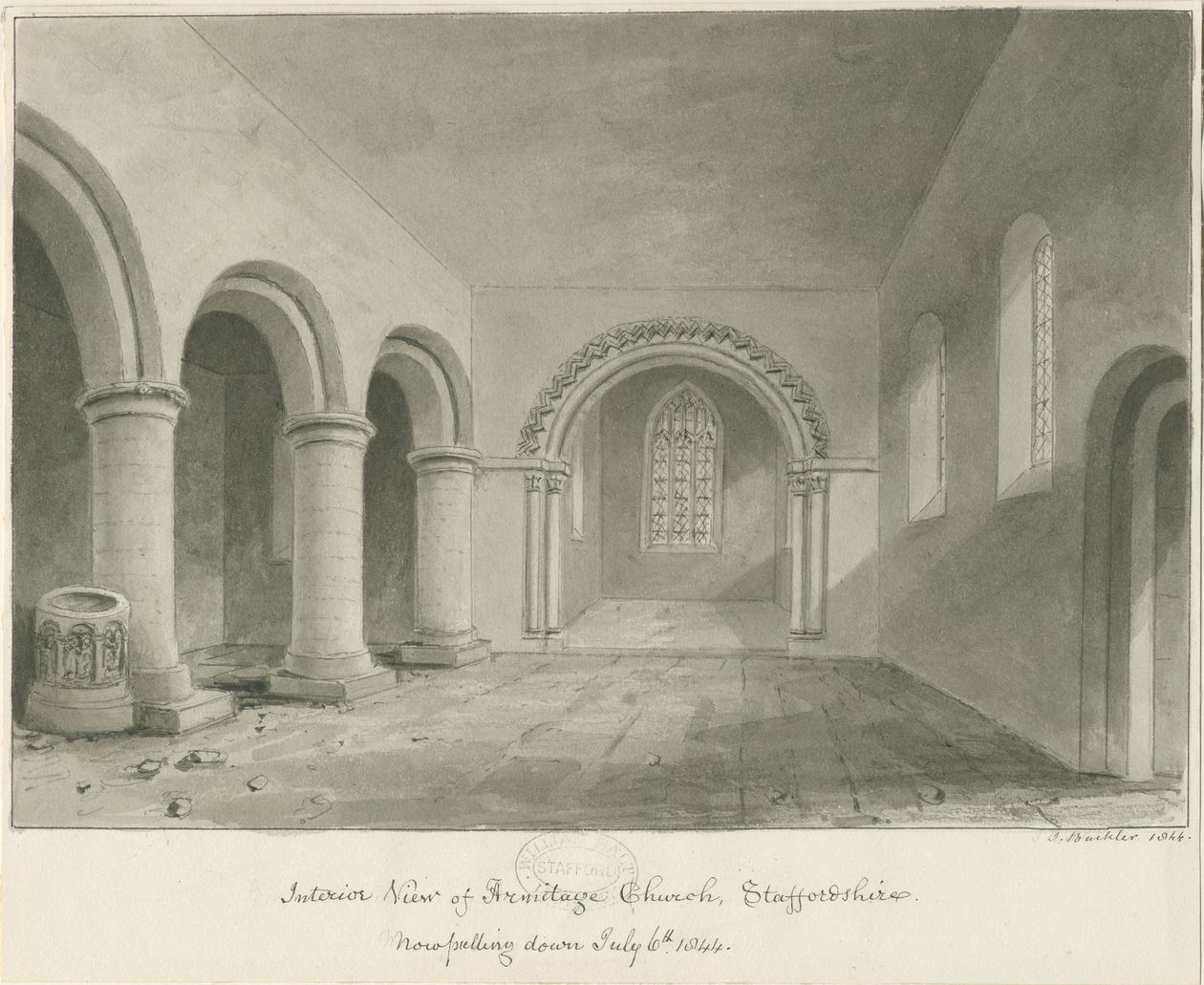 Armitage templom belseje: szépia rajz, 1844. július 6 alkotó: John Buckler