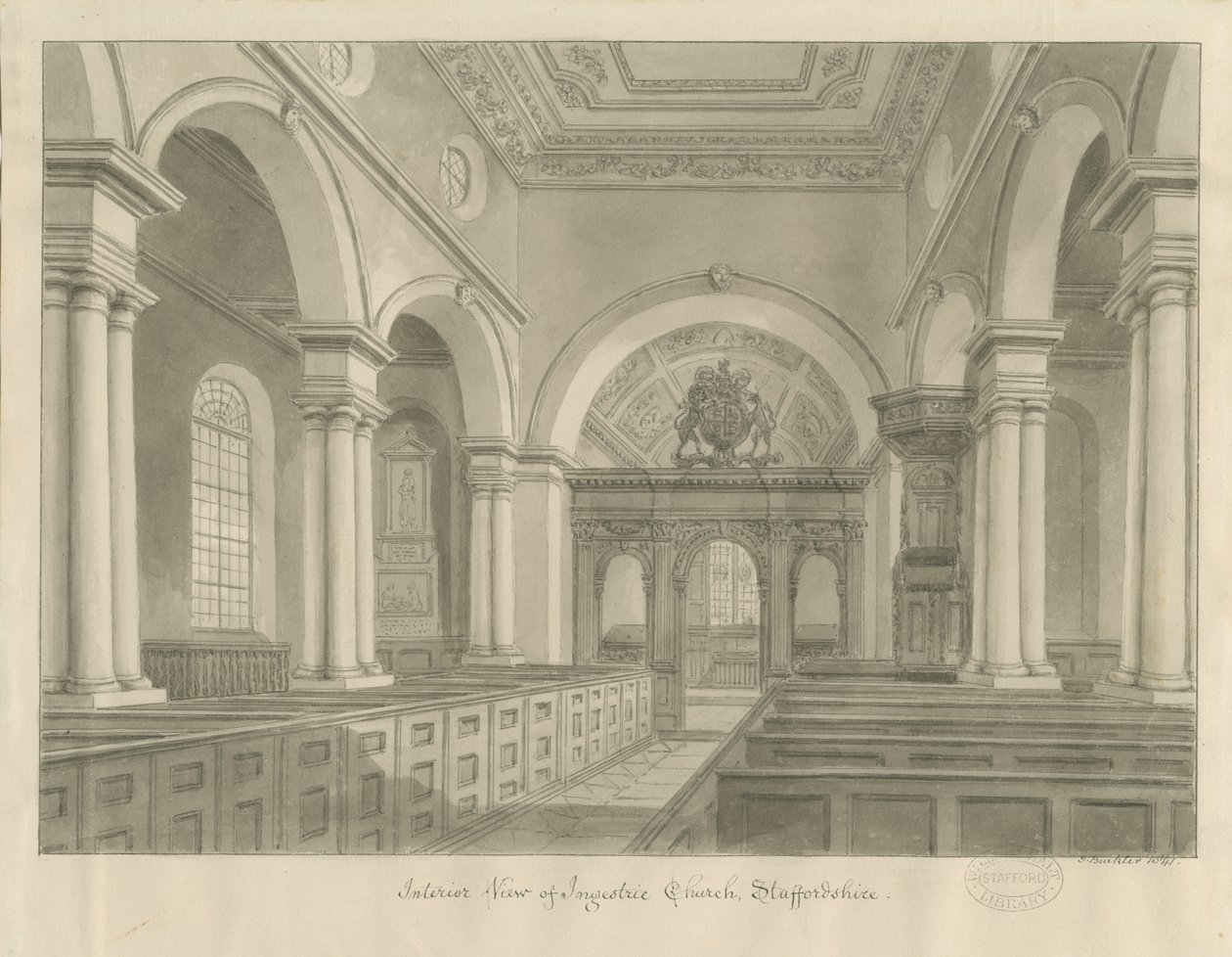 Ingestre templom belseje: szépia rajz alkotó: John Buckler