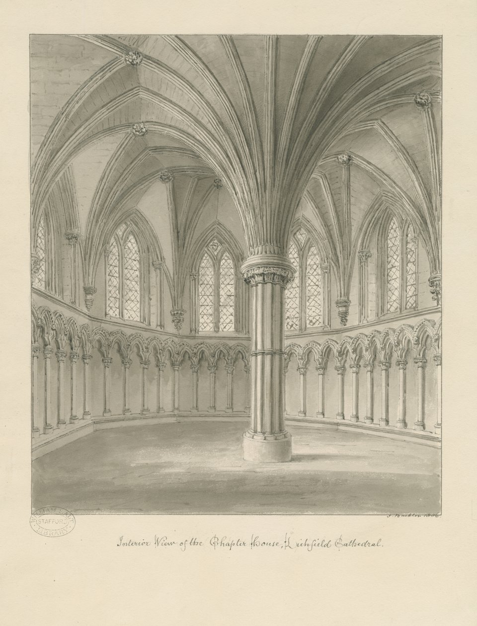 Lichfield katedrális belseje - Káptalanház: szépia rajz alkotó: John Buckler