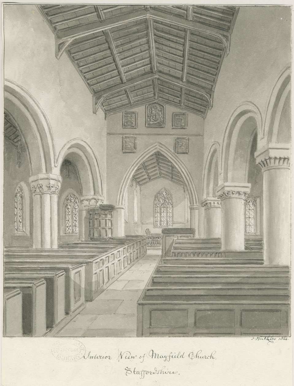 Mayfield templom belseje: szépia mosás rajz, 1844 alkotó: John Buckler